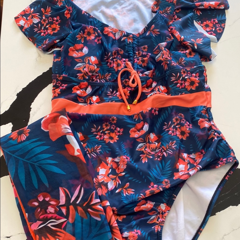 Floral Blue and Orange Swimsuit Set (matching long skirt coverup )